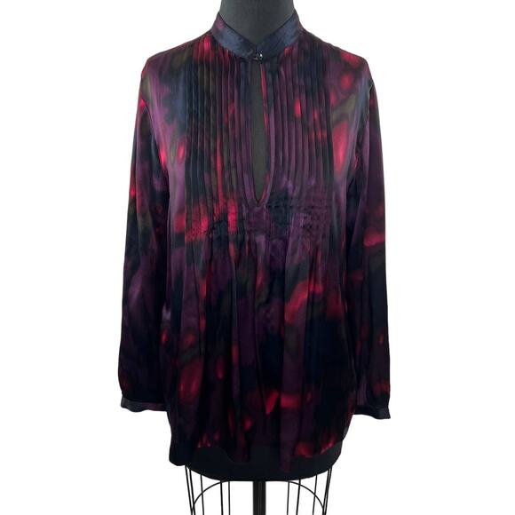 THEORY Purple Black Watercolor Vague Silk Pleated Keyhole Long Sleeve Blouse L - Picture 1 of 9
